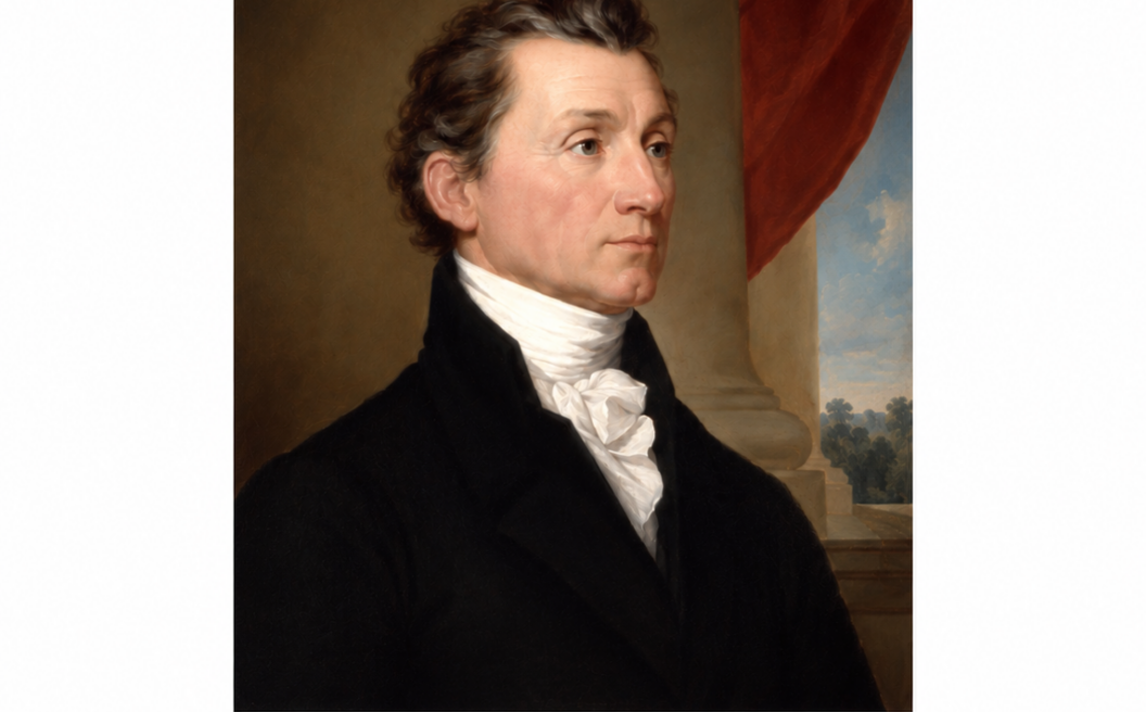 Portrait of James Monroe in formal attire, with text below reading James Monroe 1817. A red drape and column are in the background.