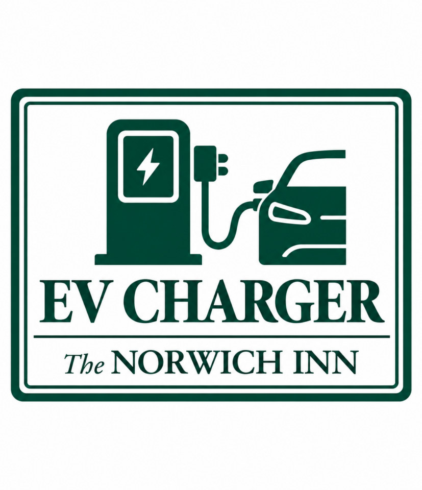 Sign showing an EV charger connected to a car, with text: EV CHARGER The Norwich Inn in green on a white background.