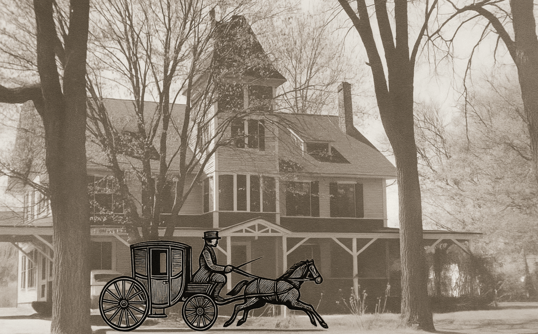 Sepia photo of a large Victorian house with trees, overlaid with a vintage black-and-white drawing of a horse-drawn carriage.