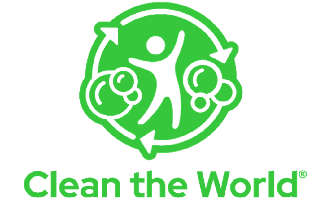 Green logo with a person, arrows forming a circle, bubbles, and text Clean the World below.