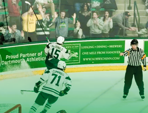 Two hockey players celebrate near the boards as fans cheer behind the glass; a referee points on the ice.