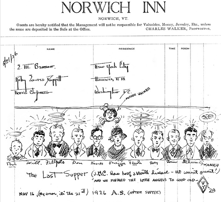 A black-and-white illustrated guestbook page from Norwich Inn, featuring cartoon portraits and handwritten notes dated May 1926.