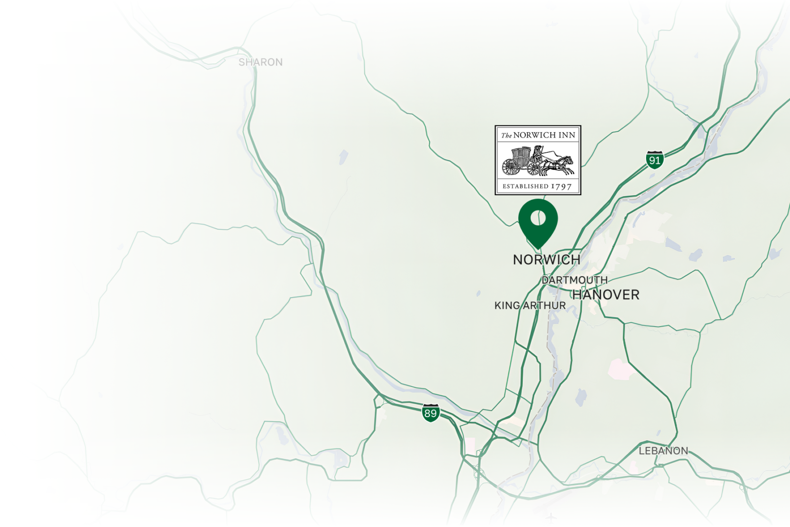 A map highlights Norwich, Vermont, with a green location pin and a drawing of a lion above Norwich Inn near Interstate 91 and nearby towns.