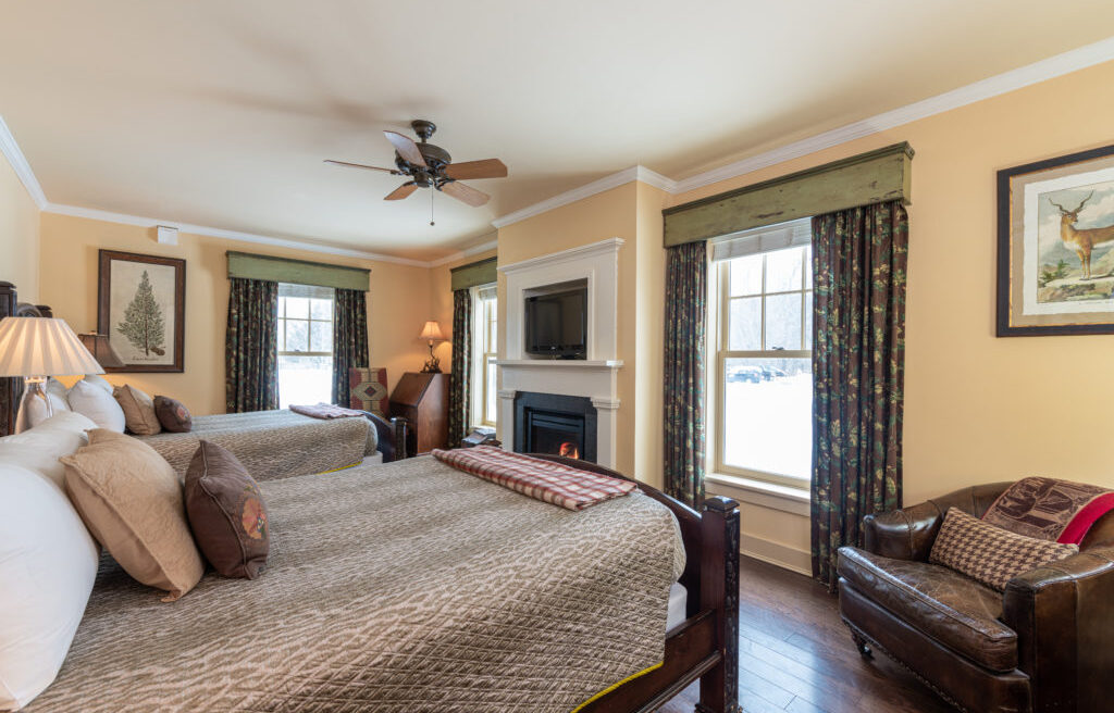 Cozy bedroom with two beds, fireplace, TV, armchair, and large windows with patterned curtains, decorated in warm tones and nature-themed art.