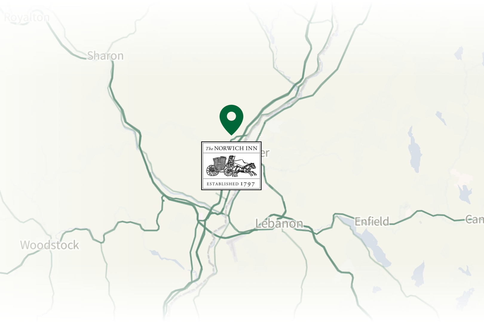 A map shows a marker near Lebanon, NH, with a logo labeled S. Norwich Inn Established 1797. Nearby towns include Woodstock, Enfield, and Sharon.