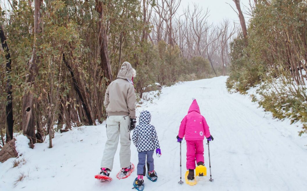 Three people in winter clothing walk on a snowy trail through trees, with two children ahead of an adult. One child uses ski poles and a sled.